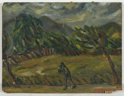 Kwun Suncheol, 바람을 맞으며 Against the Wind, 1960, Oil on wood, 29 x 38cm